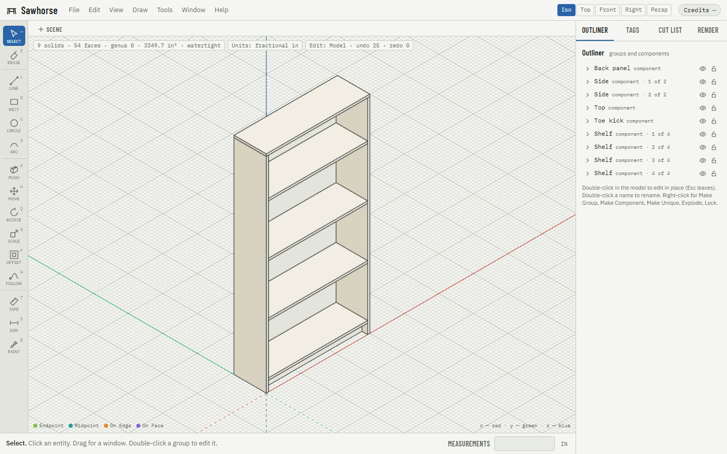 Sawhorse with a bookshelf built from components: the tool rail on the left, the 3D view in the middle, the side panel on the right and the value box at the bottom.