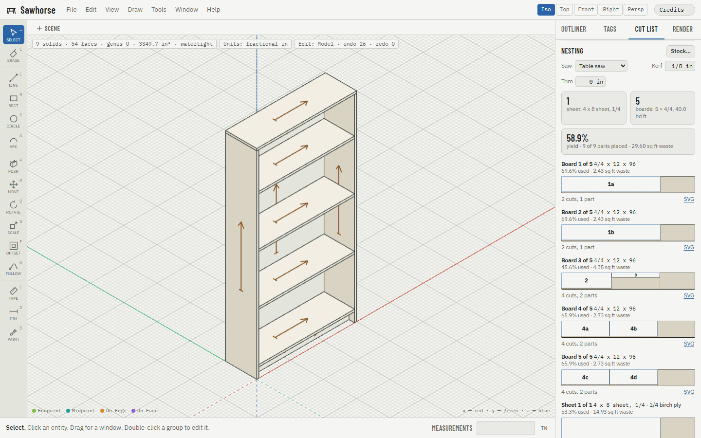 The Nesting section of the cut list: the bookshelf's parts laid out on five oak boards and one plywood sheet, with grain arrows in the model.